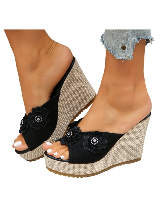 Wedge Sandals for Women 2026 Dressy Platform Espadrilles Flower Wedges Open Toe Platform Slides Slip on Wedges Comfortable Heels Shoes Black Size 7