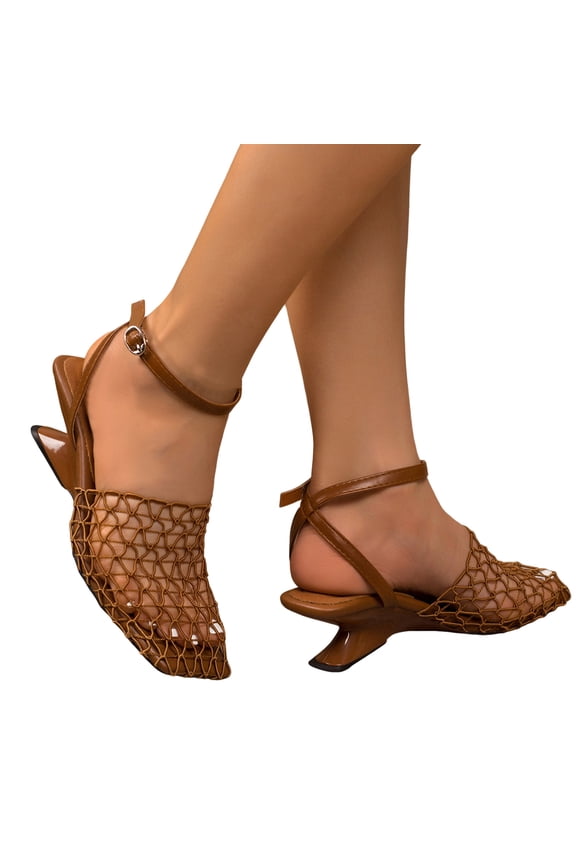 Wedge Sandals for Women 2026 Fashion Fishnet Square Closed Toe Ankle Strap Low Heels Party Dress Shoes Brown Size 7