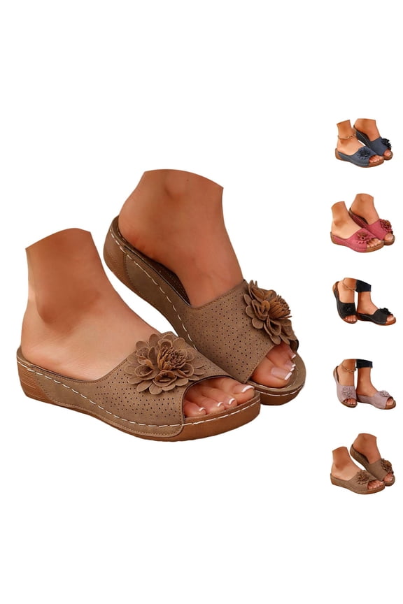 Wedge Sandals for Women 2026 Summer Trendy 3d Flower Open Toe on Slides Pu Leather Beach Sandals