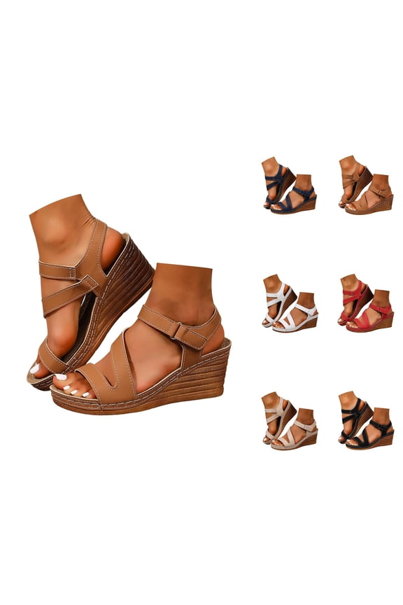 Wedge Sandals for Women 2026 Summer Trendy Pu Leather Open Toe Ankle Strap Indoor Outdoor Beach Sandals