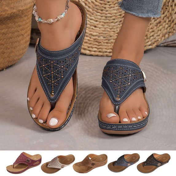 Wedge Sandals for Women Casual Platform Rhinestone Thong Open Toe Summer Beach Slip-On Slippers