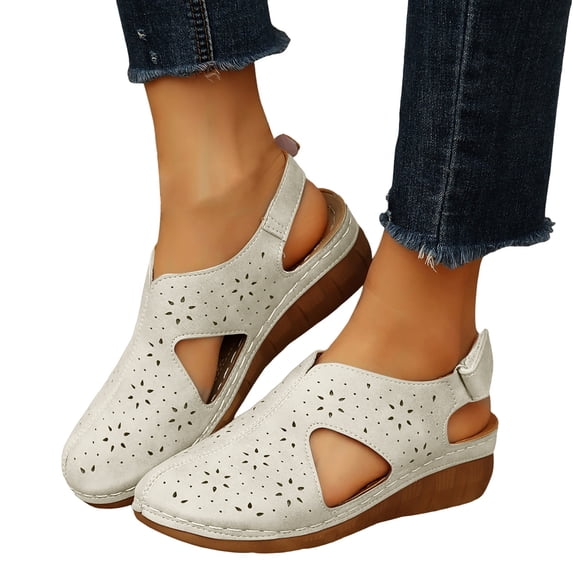 Wedge Sandals for Women Closed Toe Hollow out Fashion Gladiator Summer Beach Orthopedic Shoes with Hook and Loop White Size 8.5