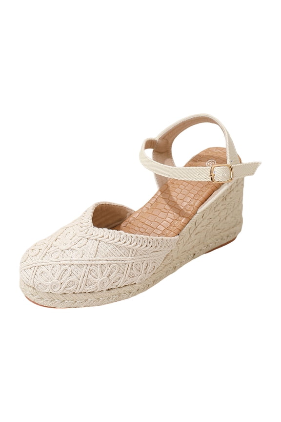 Wedge Sandals for Women Closed Toe Wide Width Braided Espadrilles Platform Sandal Ankle Strap Comfortable Orthopedic Dress Shoes Beige Size 8.5
