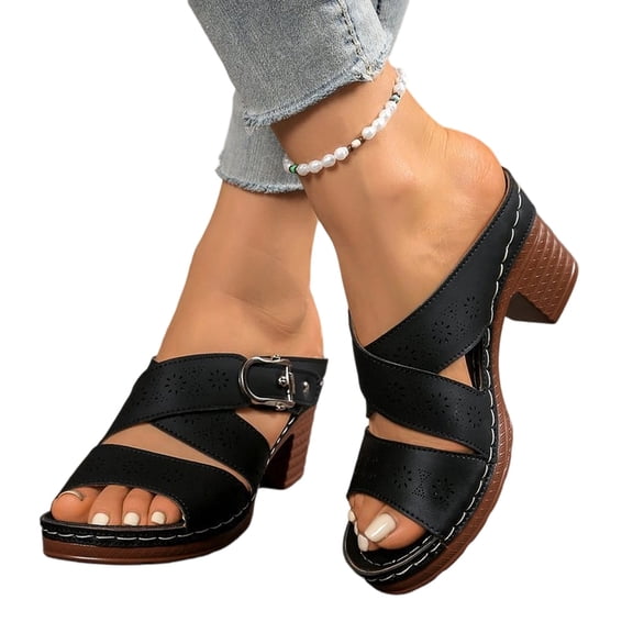 Wedge Sandals for Women Comfortable Open Toe Dressy Low Heel Sandals Summer Fashion Hollow Out Cross Buckle Strap Walking Shoes (Black,39)