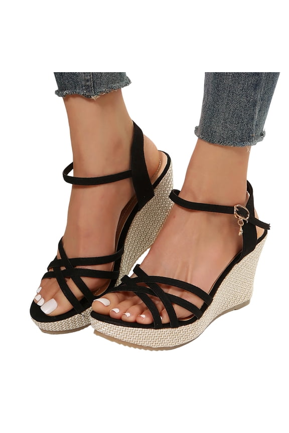 Wedge Sandals for Women Comfortable Platform Strappy Sandal Braided Espadrilles Ankle Strap Open Toe Dress Shoes Black Size 8