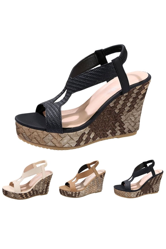 Wedge Sandals for Women Dressy Comfortable Boho Elastic Ankle Strap Slip on Summer Platform Shoes 2026 for Casual Wedding Black Size 7.5