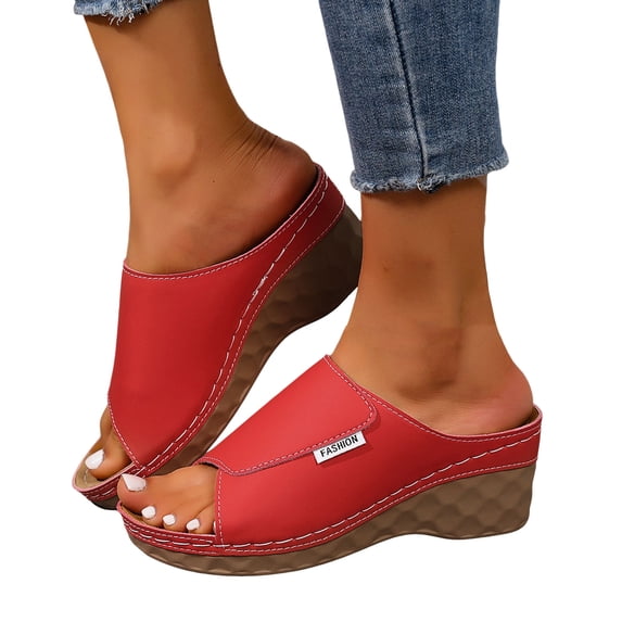 Wedge Sandals for Women Fashion Splice Leather Open Toe Platform Slip on Mules Summer Casual Lightweight Slides Red Size 7.5