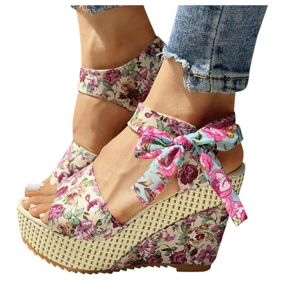 Wedge Sandals for Women Floral Bow Tie Espadrilles Platform Heel Sandal Open Cap Toe Platform Heeled Ankle Strap Shoes