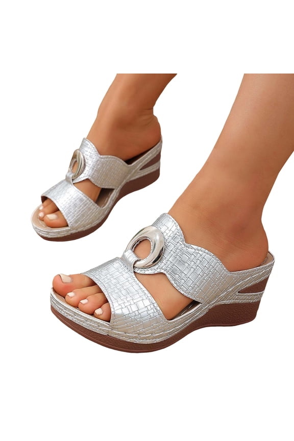 Wedge Sandals for Women Leopard Print Slip On Leather Platform Slide Lightweight Non Slip Beach Slippers Silver Size 7