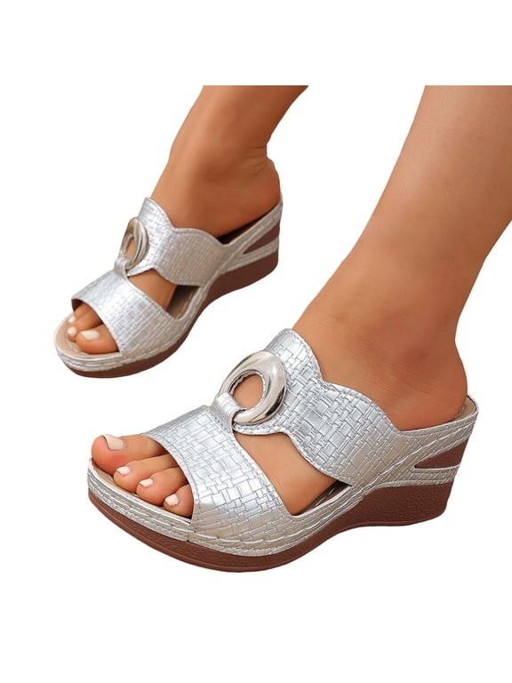 Wedge Sandals for Women Leopard Print Slip On Leather Platform Slide Lightweight Non Slip Beach Slippers Silver Size 8