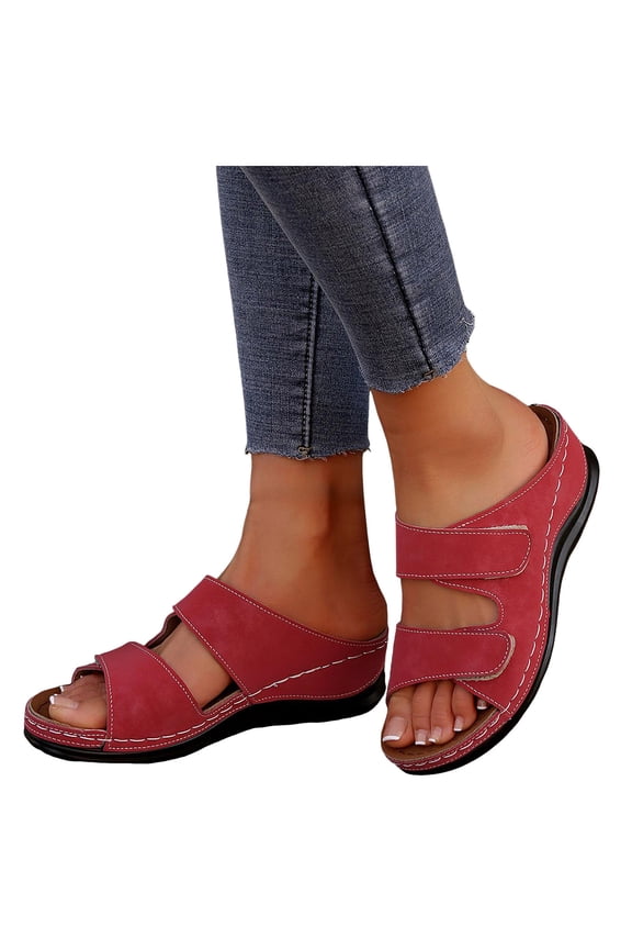 Wedge Sandals for Women Lightweight Soft Cushioned Antislip Slip on Orthopedic Walking Shoes Adjustable Strap Slides Red Size 9.5