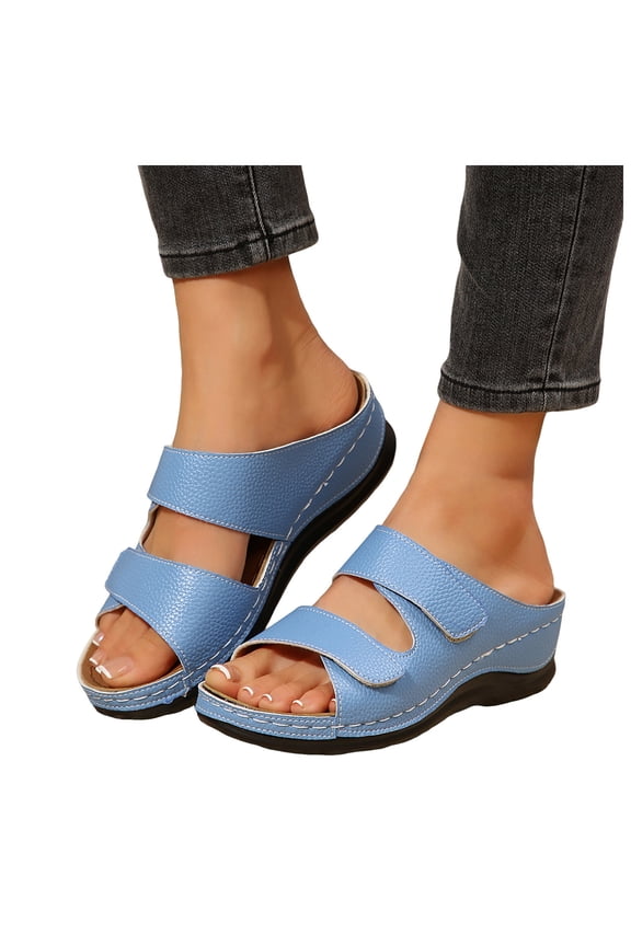 Wedge Sandals for Women Lightweight Soft Cushioned Antislip Slip on Orthopedic Walking Shoes Adjustable Strap Slides Sky Blue Size 7