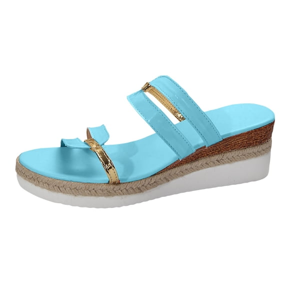 Wedge Sandals for Women Open Toe Casual Slip On Platform Sandals Lightweight Non Slip Beach Travel Walking Shoes Blue Size 6