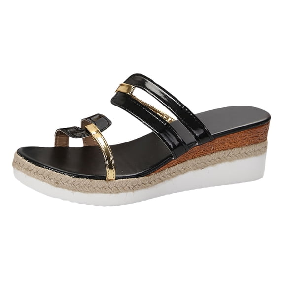 Wedge Sandals for Women Open Toe Casual Slip On Platform Sandals Lightweight Non Slip Beach Travel Walking Shoes Black Size 7