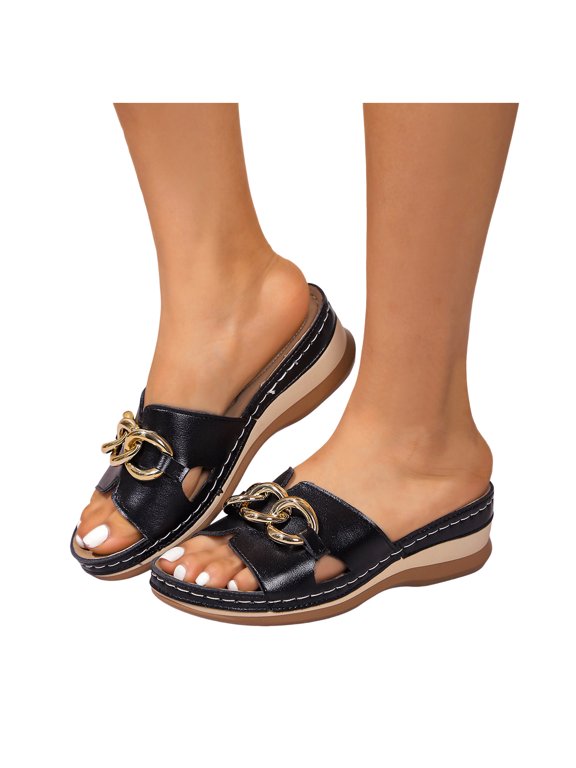 Wedge Sandals for Women Open Toe Fashion Slides with Metal Chain Comfortable Slippers with Cushioned Footbed for Summer Black Size 6.5
