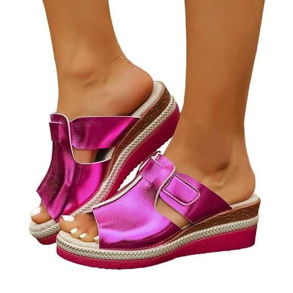 Wedge Sandals for Women Peep Toe Slides Splice Leather Solid Color Platform Espadrilles Hook and Loop Casual Slip on Beach Shoes Purple Size 7.5