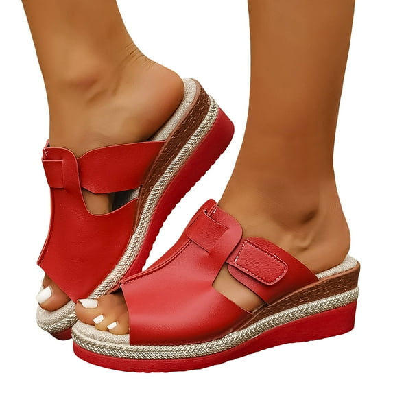 Wedge Sandals for Women Peep Toe Slides Splice Leather Solid Color Platform Espadrilles Hook and Loop Casual Slip on Beach Shoes Red Size 8