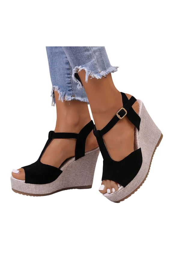 Wedge Sandals for Women Peep Toe Suede T-Strap Platform Heels Ankle Strap Summer Casual Dressy Pumps Shoes Black Size 9