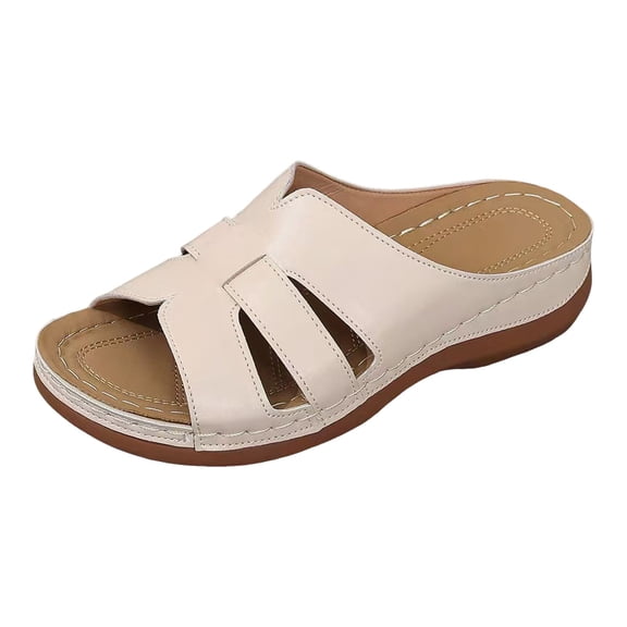 Wedge Sandals for Women Slip On Leather Solid Color Slide Shoes Platform Open Toe Non Slip Dress Shoes Beige Size 8