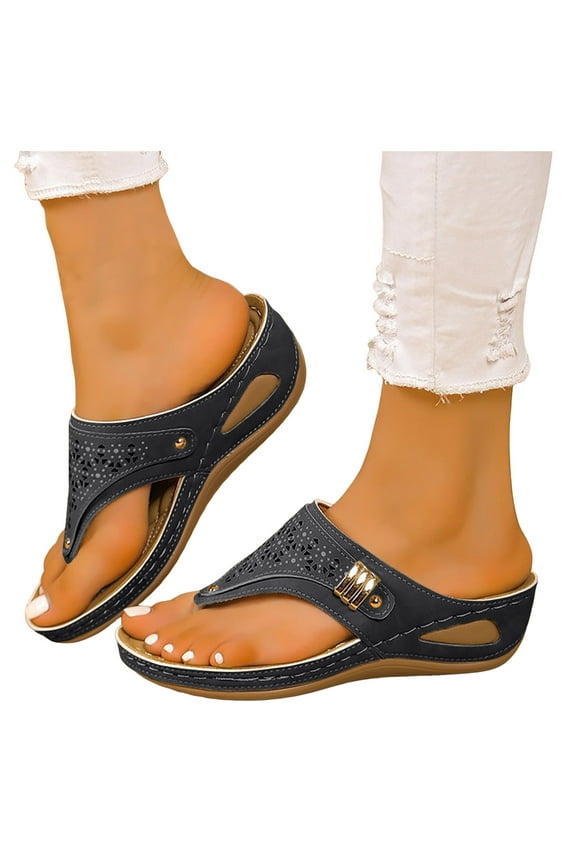 Wedge Sandals for Women Slip On Wide Width Flat Orthopedic Sandals with Arch Support Hollow Out Non Slip Flip Flops Blue Size 9.5