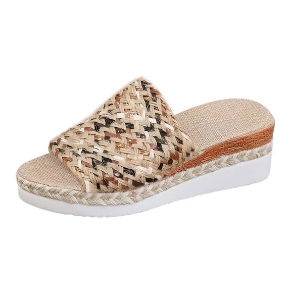 Wedge Sandals for Women Slip On Woven Platform Slides Dress Sandals Open Toe Comfortable Beach Slippers Gray Size 7.5