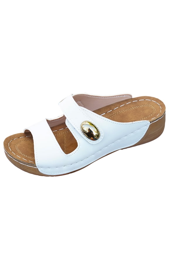 Wedge Sandals for Women with Arch Support Wooden Heel Slip on Casual Slides High Top Summer Dressy Shoes Strappy Sandal White 6.5