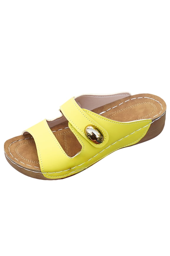 Wedge Sandals for Women with Arch Support Wooden Heel Slip on Casual Slides High Top Summer Dressy Shoes Strappy Sandal Yellow 8