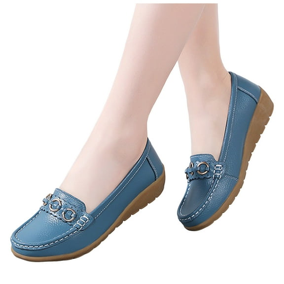 Wedge Slip on Penny Loafers for Women Ladies Classic Leather Casual Mid Heels Walking Boat Dress Shoes