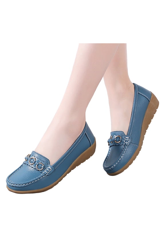 Wedge Slip on Penny Loafers for Women Ladies Classic Leather Casual Mid Heels Walking Boat Dress Shoes