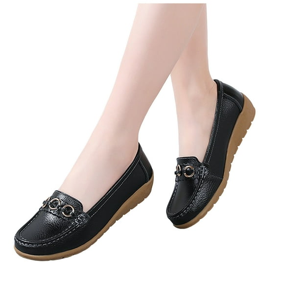 Wedge Slip on Penny Loafers for Women Ladies Classic Leather Casual Mid Heels Walking Boat Dress Shoes