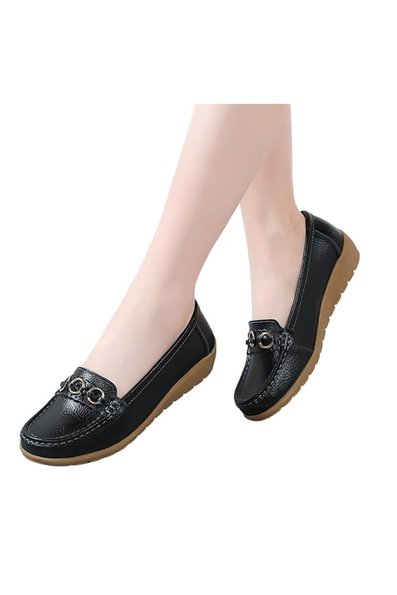 Wedge Slip on Penny Loafers for Women Ladies Classic Leather Casual Mid Heels Walking Boat Dress Shoes