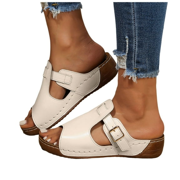 Wedge Slip on Sandals for Women 2025 Trendy Casual Leather Peep Toe Dress Mule Slippers Summer Fashion Slides