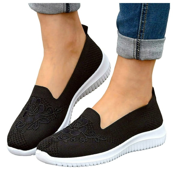 Wedge Slip on Walking Shoes for Women Woven Lightweight Comfortable Flower Embroidered Driving Loafers