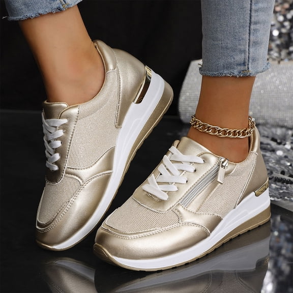 Wedge Sneaker,Walking Shoes Women,High Heel Sneakers,Wedges Shoes for Women,Comfortable Shoes for Women,Women's Sports Shoes Women's Breathable Lace-Up Sneakers Wedge Sports Shoes,Gold,10.5