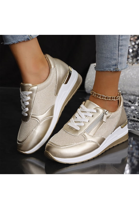 Wedge Sneaker,Walking Shoes Women,High Heel Sneakers,Wedges Shoes for Women,Comfortable Shoes for Women,Women's Sports Shoes Women's Breathable Lace-Up Sneakers Wedge Sports Shoes,Gold,10.5