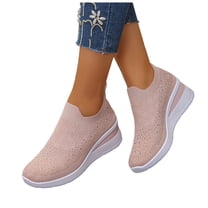Wedge Sneakers for Women Elastic Knitted Mesh Glitter Rhinestone Slip on Tennis Shoes Arch Support Casual Walking Shoes Breathable Loafers Pink Size 7.5