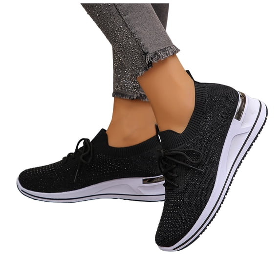 Wedge Sneakers for Women Sparkly Rhinestone Knit Mesh Casual Lace up Antislip Walking Shoes Slip on Stretch Sock Shoes Black Size 8.5