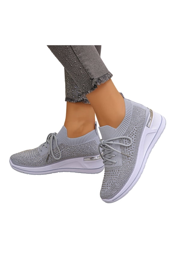 Wedge Sneakers for Women Sparkly Rhinestone Knit Mesh Casual Lace up Antislip Walking Shoes Slip on Stretch Sock Shoes Light Gray Size 8