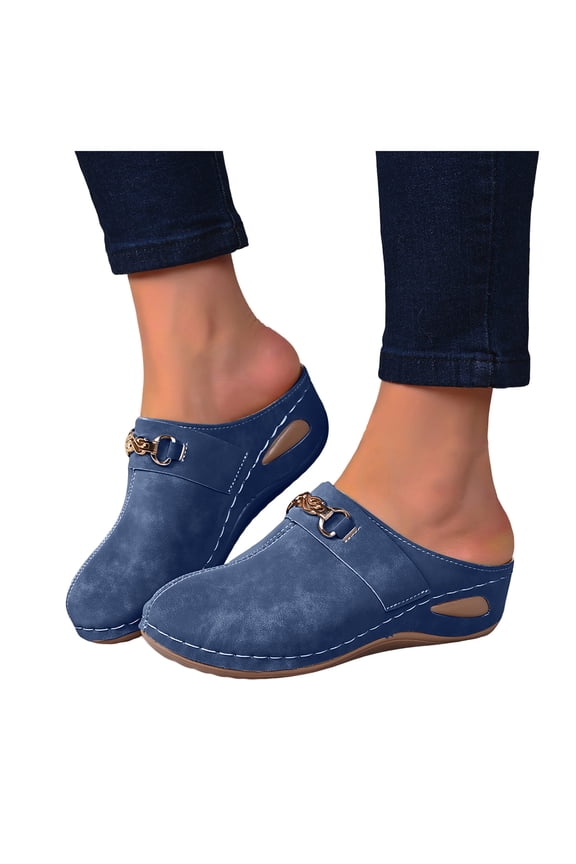 Wedge Suede Clogs for Women Retro Closed Toe Mules Comfortable Dress Slides Soft Soled Backless Platform Sandals Blue Size 7.5