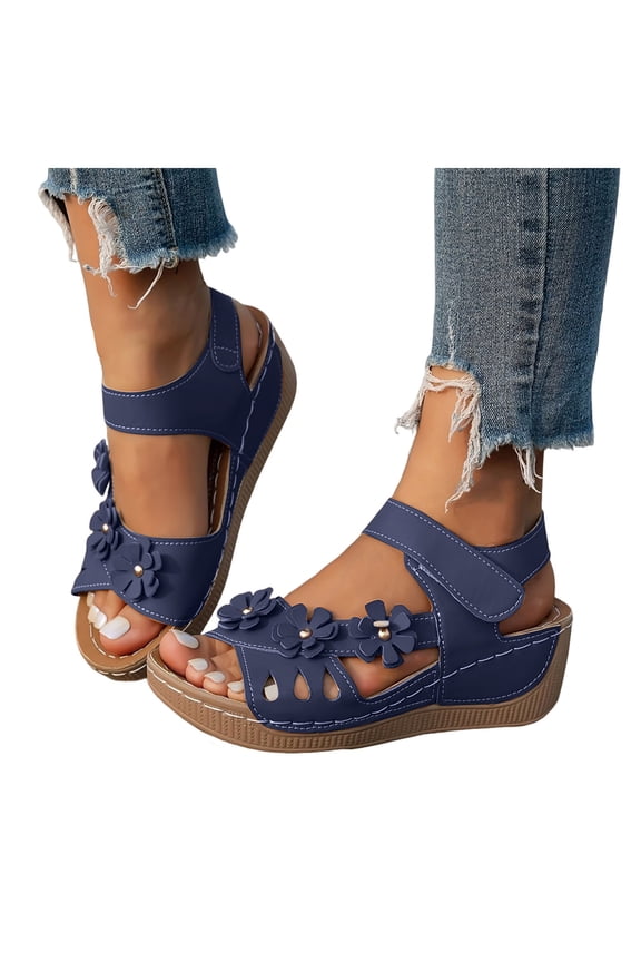 Wedge Walking Sandals for Women Orthopedic Summer Casual Slide Shoes Hiking Trendy Footwear Sandal with Hook and Loops Blue 9.5