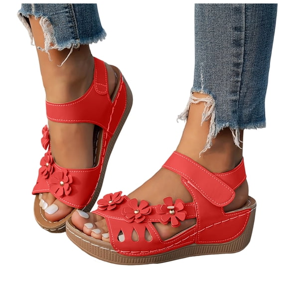 Wedge Walking Sandals for Women Orthopedic Summer Casual Slide Shoes Hiking Trendy Footwear Sandal with Hook and Loops Red 7.5