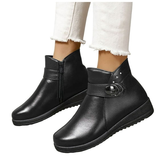 Wedge Winter Boots for Women with Fleece Lined Warm Fashion Casual Leather Zip up Work Snow Ankle Booties Black Size 7.5