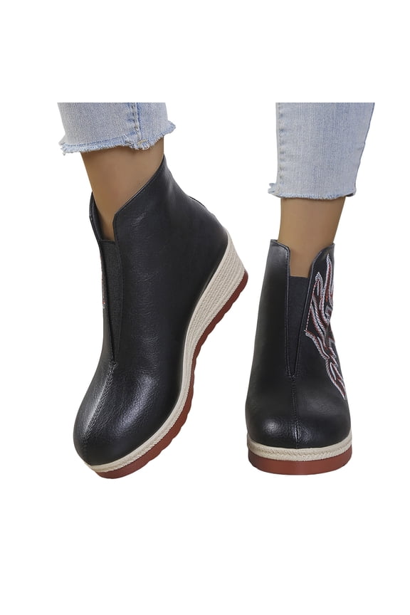 Wedges Heels Boots for Women Elastic V Cut Round Toe Embroidery Ankle Booties Back Zipper Fall Boots