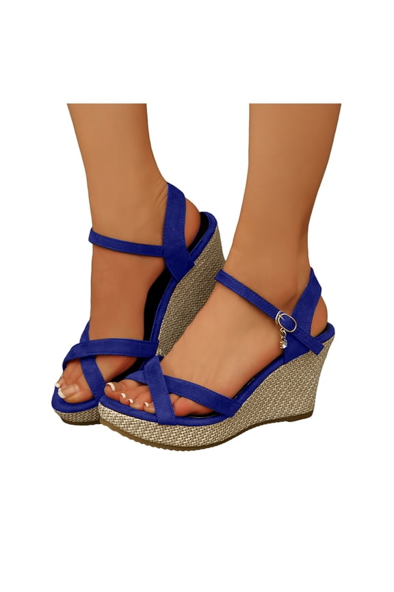 Wedges Heels Sandals for Women Platform Espadrilles Open Toe Buckle Ankle Strap Bride Wedding Dressy Pumps Shoes Blue Size 9