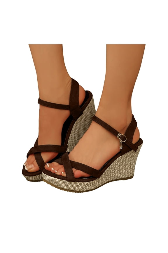 Wedges Heels Sandals for Women Platform Espadrilles Open Toe Buckle Ankle Strap Bride Wedding Dressy Pumps Shoes Coffee Size 7