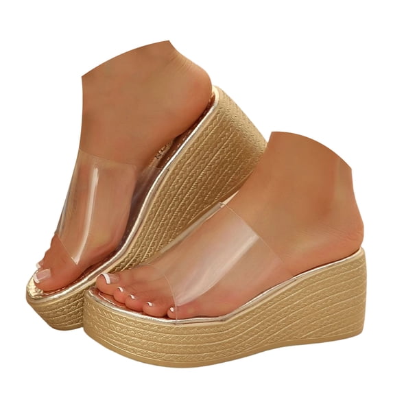 Wedges Heels for Women Clear Band Open Toe Slip on Platform Sandals Fashion Wedding Party Dress Shoes Casual Slides Gold Size 8