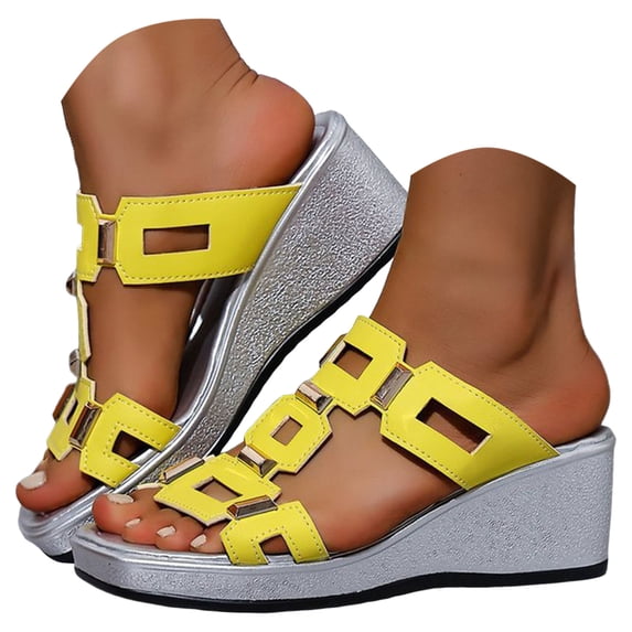 Wedges Heels for Women Open Square Toe Platform Slides Summer Trendy Cutout Sandals Slip on Slippers Dress Beach Shoes Yellow Size 8.5
