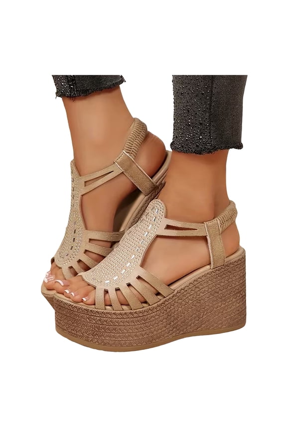 Wedges Heels for Women Open Toe Platform Fisherman Gladiator Sandals Glitter Rhinestone Elastic Ankle Strap Pumps Shoes Beige Size 8
