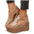 thumbnail image 1 of Wedges Heels for Women Open Toe Platform Fisherman Gladiator Sandals Glitter Rhinestone Elastic Ankle Strap Pumps Shoes Beige Size 9.5, 1 of 6