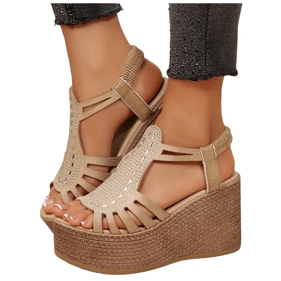 Wedges Heels for Women Open Toe Platform Fisherman Gladiator Sandals Glitter Rhinestone Elastic Ankle Strap Pumps Shoes Beige Size 9.5